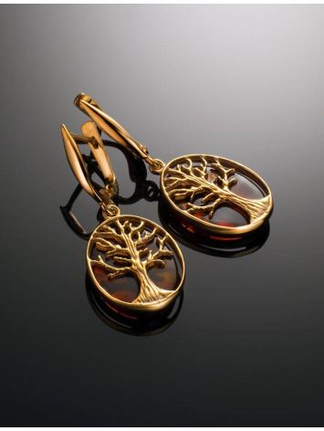 Symbolic The Tree Of Life Gold-Plated Silver With Amber Earrings, image , picture 2