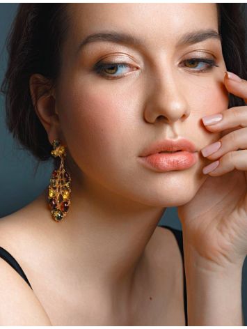 Gold-Plated Drop Earrings With Multicolor Amber The Verdi, image , picture 2