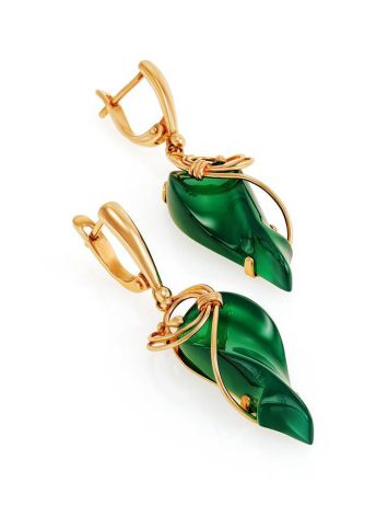 Golden Dangle Earrings With Green Synthetic Onyx The Serenade, image , picture 3