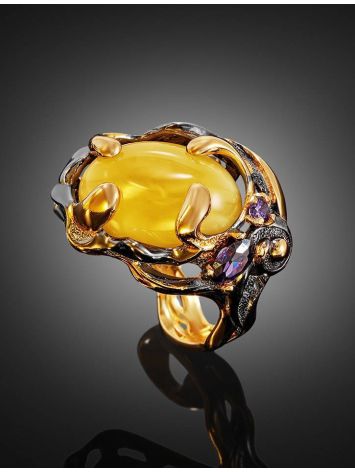 Bold Adjustable Honey Amber Ring In Gold-Plated Silver With Crystals The Pompadour, Ring Size: Adjustable, image , picture 3