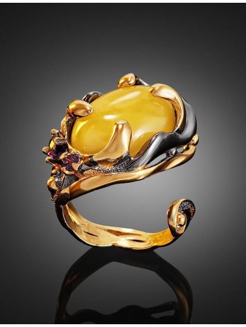 Bold Adjustable Honey Amber Ring In Gold-Plated Silver With Crystals The Pompadour, Ring Size: Adjustable, image , picture 4
