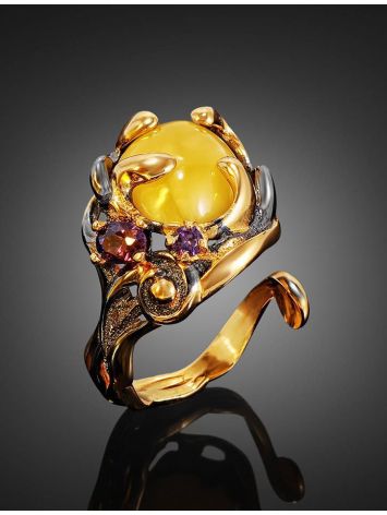 Bold Adjustable Honey Amber Ring In Gold-Plated Silver With Crystals The Pompadour, Ring Size: Adjustable, image , picture 2