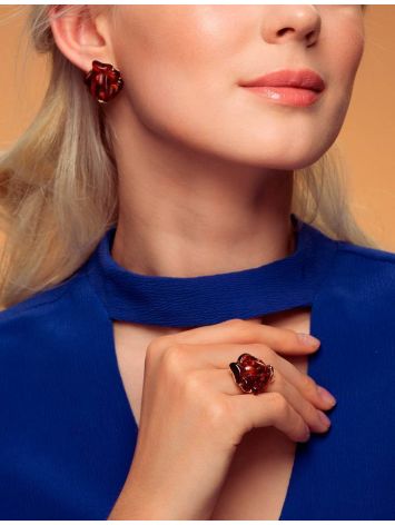 Яркое крупное кольцо «Роза» с янтарём коньячного цвета в позолоте 16, Ring Size: 11.5 / 21, image , picture 3