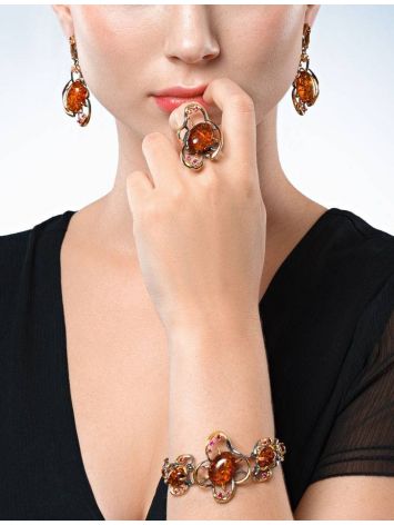 Drop Gold-Plated Earrings With Cognac Amber And Crystals The Pompadour, image , picture 3