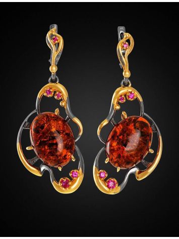 Drop Gold-Plated Earrings With Cognac Amber And Crystals The Pompadour, image , picture 2