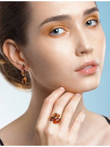 Bright Gold-Plated Earrings With Cognac Amber The Symphony, image , picture 2