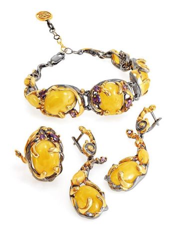 Bold Adjustable Honey Amber Ring In Gold-Plated Silver With Crystals The Pompadour, Ring Size: Adjustable, image , picture 8