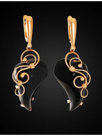 Golden Drop Earrings With Black Synthetic Onyx The Serenade, image , picture 2
