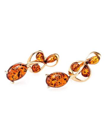 Bright Gold-Plated Earrings With Cognac Amber The Symphony, image , picture 4