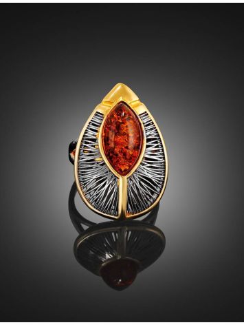 Bold Gold-Plated Cocktail Ring With Cognac Amber The Firebird, Ring Size: 6 / 16.5, image , picture 3