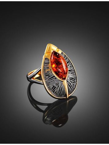 Bold Gold-Plated Cocktail Ring With Cognac Amber The Firebird, Ring Size: 6 / 16.5, image , picture 5