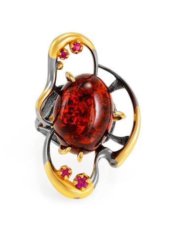 Adjustable Gold-Plated Ring With Cognac Amber And Crystals The Pompadour, Ring Size: Adjustable, image , picture 3
