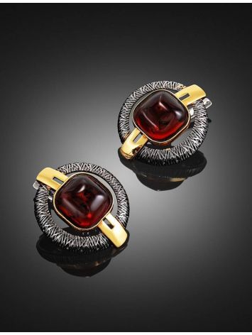 Vintage Style Round Gold-Plated Earrings With Cherry Amber The Tercio, image , picture 2