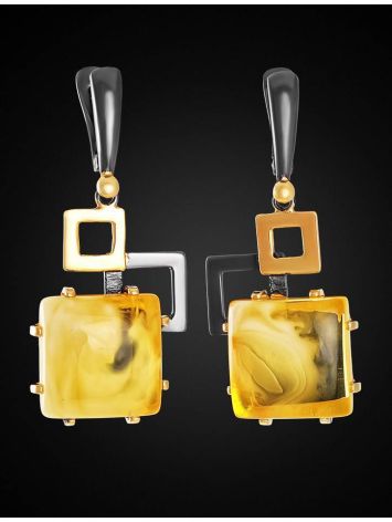 Gold Plated Dangle Earrings With Honey Amber The Picasso, image , picture 2