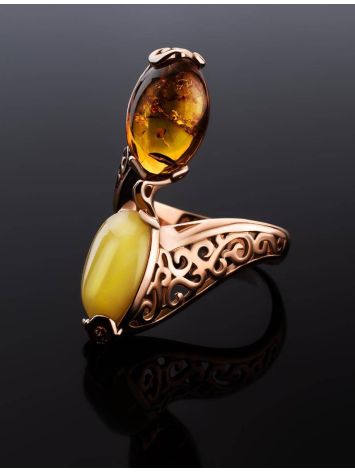 Multicolour Amber Ring With Two Stones In Gold-Plated Silver The Casablanca, Ring Size: 11.5 / 21, image , picture 2