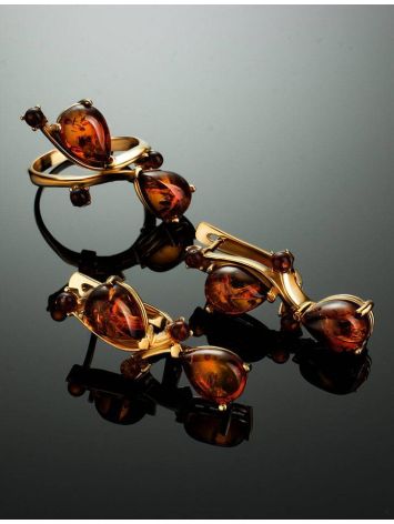Bright Gold-Plated Ring With Cognac Amber The Symphony, Ring Size: 10 / 20, image , picture 6