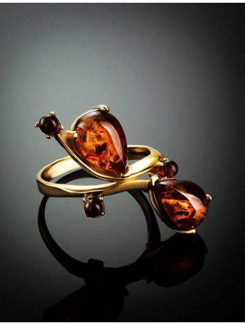 Bright Gold-Plated Ring With Cognac Amber The Symphony, Ring Size: 8 / 18, image , picture 2