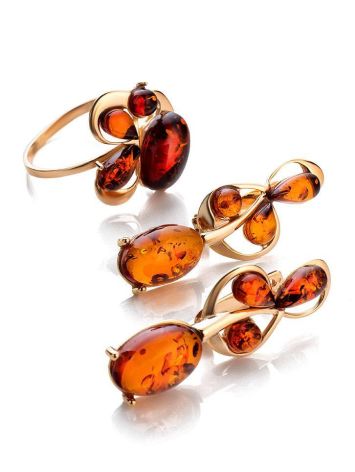 Bright Gold-Plated Earrings With Cognac Amber The Symphony, image , picture 6