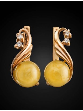 Refined Amber Earrings In Gold-Plated Silver With Crystals The Swan, image , picture 2