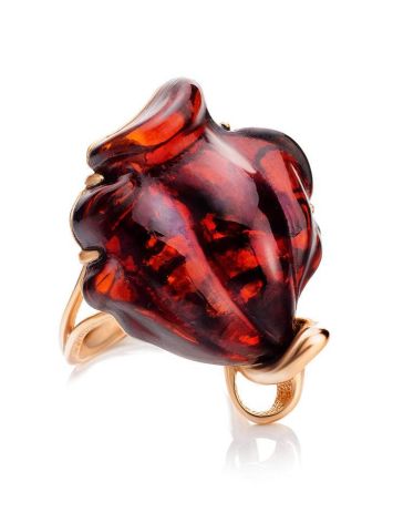Яркое крупное кольцо «Роза» с янтарём коньячного цвета в позолоте 16, Ring Size: 11.5 / 21, image , picture 4