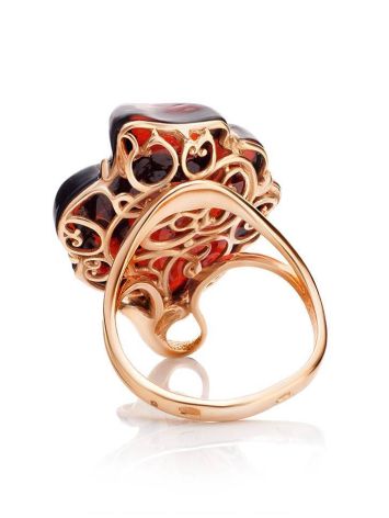 Яркое крупное кольцо «Роза» с янтарём коньячного цвета в позолоте 16, Ring Size: 11.5 / 21, image , picture 6