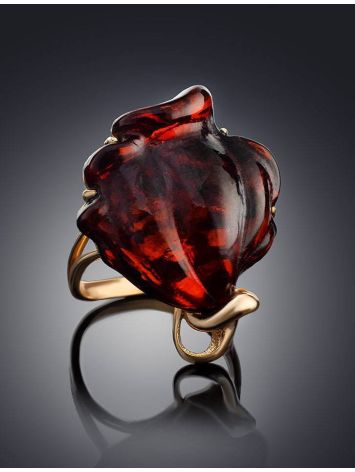 Яркое крупное кольцо «Роза» с янтарём коньячного цвета в позолоте 16, Ring Size: 11.5 / 21, image , picture 2
