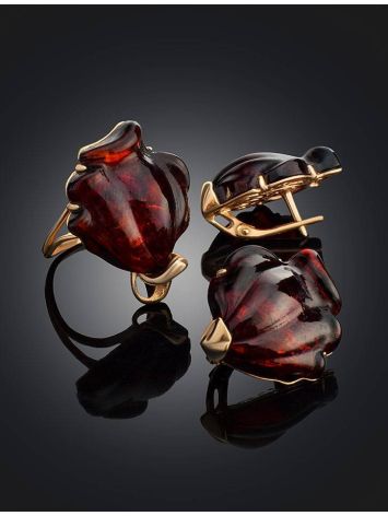 Яркое крупное кольцо «Роза» с янтарём коньячного цвета в позолоте 16, Ring Size: 11.5 / 21, image , picture 7