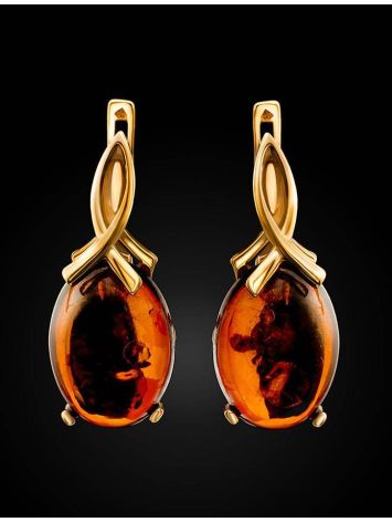 Classy Gold-Plated Earrings With Cognac Amber The Napoli, image , picture 4