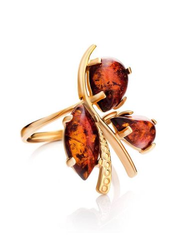Bold Gold-Plated Ring With Cognac Amber The Verbena, Ring Size: 11.5 / 21, image , picture 3
