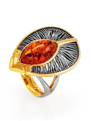 Bold Gold-Plated Cocktail Ring With Cognac Amber The Firebird, Ring Size: 6 / 16.5, image , picture 4