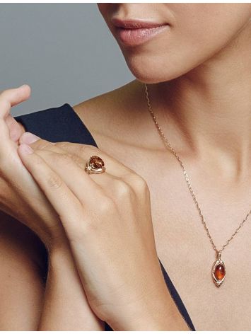 Cognac Amber Ring In Gold-Plated Silver With Crystals The Albertina, Ring Size: 11.5 / 21, image , picture 3
