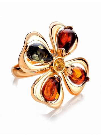 Adjustable Gold-Plated Ring With Multicolor Amber The Shamrock, Ring Size: Adjustable, image , picture 3