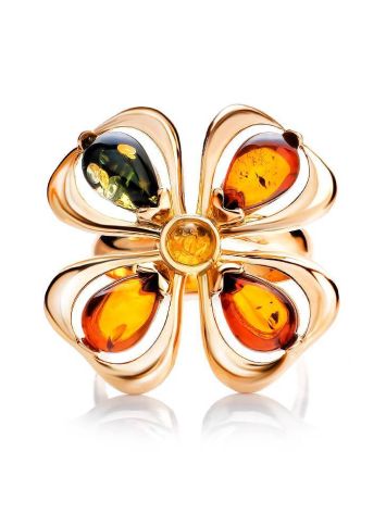 Adjustable Gold-Plated Ring With Multicolor Amber The Shamrock, Ring Size: Adjustable, image , picture 4