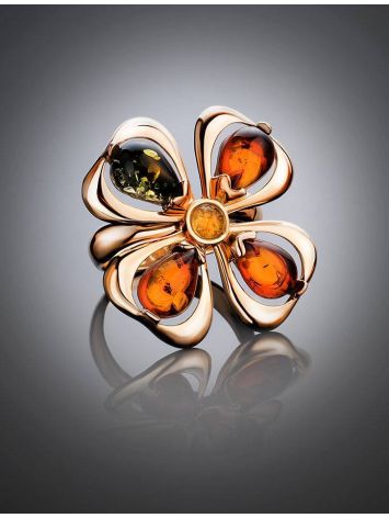 Adjustable Gold-Plated Ring With Multicolor Amber The Shamrock, Ring Size: Adjustable, image , picture 2