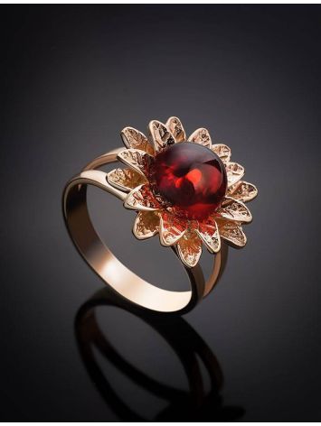 Gold-Plated Ring With Bright Cherry Amber The Aster, Ring Size: 5.5 / 16, image , picture 2