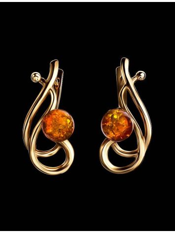 Gold-Plated Earrings With Bright Cognac Amber The Flamenco, image , picture 2
