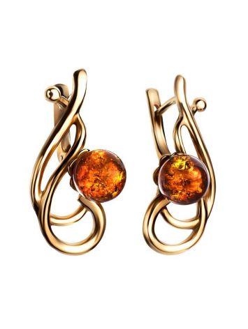 Gold-Plated Earrings With Bright Cognac Amber The Flamenco, image , picture 3
