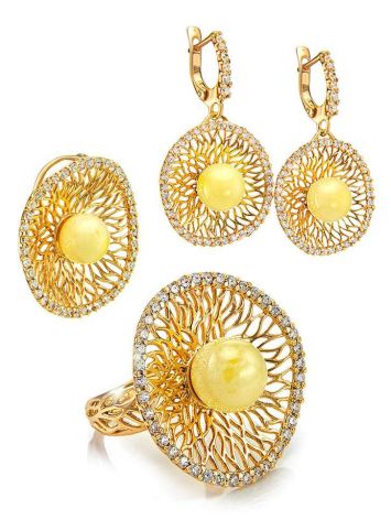 Round Amber Ring With Crystals In Gold The Venus, Ring Size: 8.5 / 18.5, image , picture 6