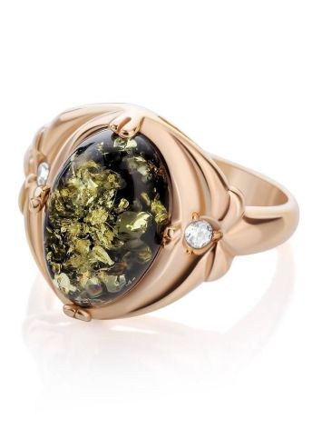 Green Amber Ring In Gold-Plated Silver With Crystals The Albertina, Ring Size: 12 / 21.5, image , picture 3