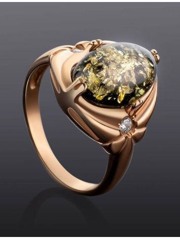 Green Amber Ring In Gold-Plated Silver With Crystals The Albertina, Ring Size: 5.5 / 16, image , picture 2
