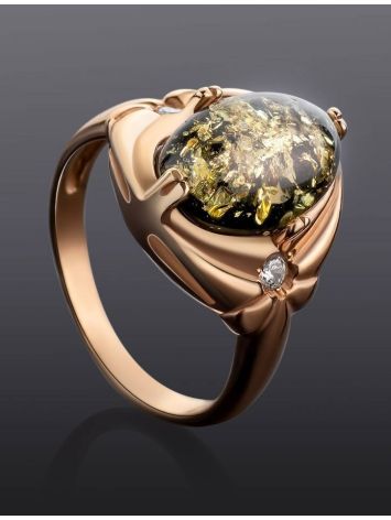 Green Amber Ring In Gold-Plated Silver With Crystals The Albertina, Ring Size: 12 / 21.5, image , picture 2