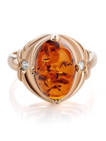 Cognac Amber Ring In Gold-Plated Silver With Crystals The Albertina, Ring Size: 13 / 22, image , picture 4