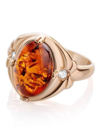 Cognac Amber Ring In Gold-Plated Silver With Crystals The Albertina, Ring Size: 11.5 / 21, image , picture 5