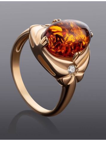 Cognac Amber Ring In Gold-Plated Silver With Crystals The Albertina, Ring Size: 13 / 22, image , picture 2