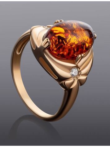 Cognac Amber Ring In Gold-Plated Silver With Crystals The Albertina, Ring Size: 11.5 / 21, image , picture 2