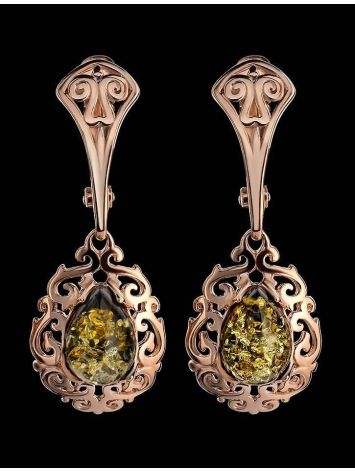 Gold-Plated Drop Earrings With Green Amber The Luxor, image , picture 2