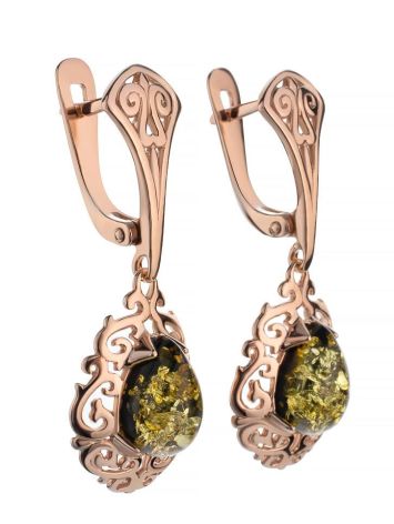 Gold-Plated Drop Earrings With Green Amber The Luxor, image , picture 3