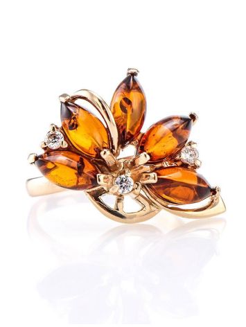 Gold-Plated Ring With Cognac Amber And Crystals The Verbena, Ring Size: 11.5 / 21, image , picture 3