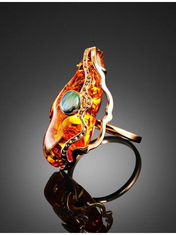 Cognac Amber Golden Cocktail Ring With Nacre The Atlantis, Ring Size: Adjustable, image , picture 2