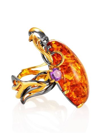 Adjustable Gold-Plated Ring With Cognac Amber And Crystals The Triumph, Ring Size: Adjustable, image , picture 3